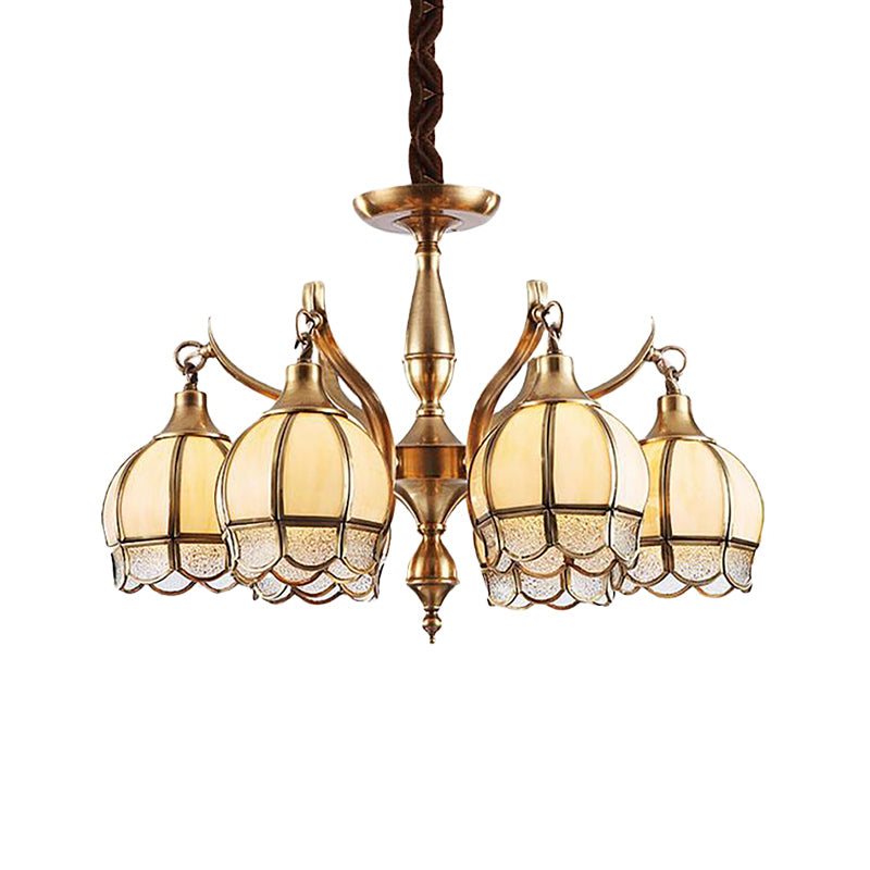 Gold 6 Lights Chandelier Lamp Colonialist Frosted Glass Flower Shape Down Lighting Pendant