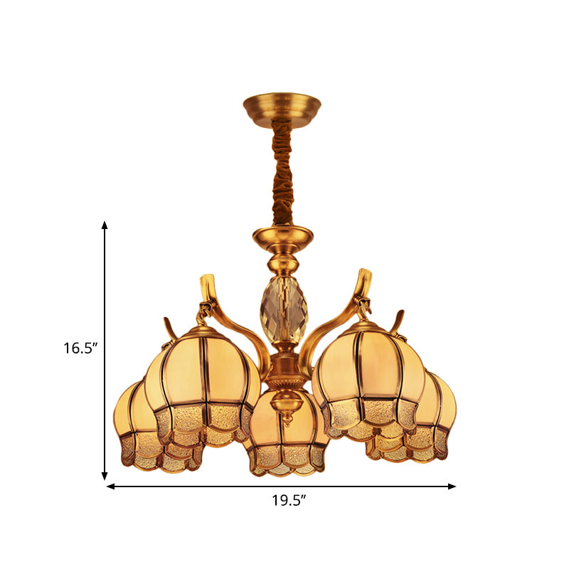 Lampadario del soffitto della camera da letto gemella in vetro glassata coloniale 5 luci oro finitura a sospensione a sospensione