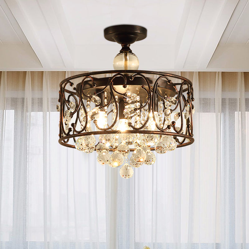Drum Metal Ceiling Light Fixture Industrial 3 Bulbs Antique Copper Semi Flush Mount Lighting with Dropped Crystal Ball