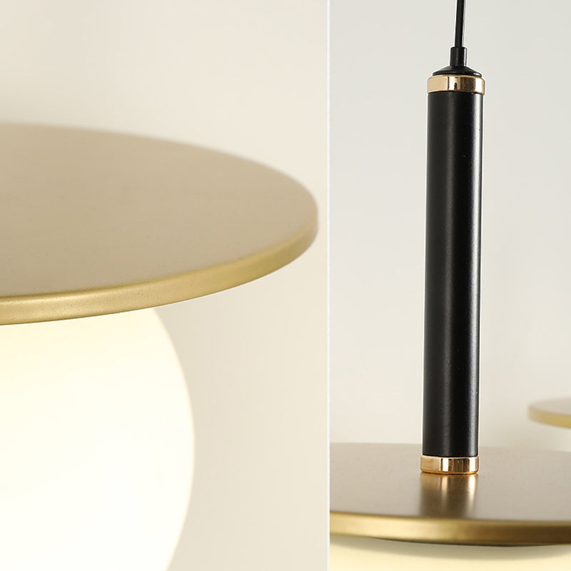 7" Wide White Glass Globe Mini Hanging Light with Round Metal Sheet Decoration Post-modern Style Simplicity Lighting Pendant in Gold