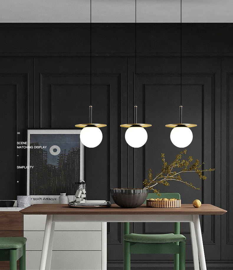 7" Wide White Glass Globe Mini Hanging Light with Round Metal Sheet Decoration Post-modern Style Simplicity Lighting Pendant in Gold