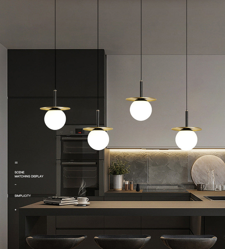 7" Wide White Glass Globe Mini Hanging Light with Round Metal Sheet Decoration Post-modern Style Simplicity Lighting Pendant in Gold