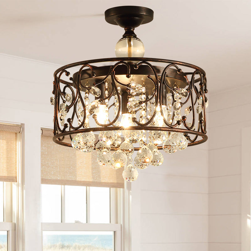 Drum Metal Ceiling Light Fixture Industrial 3 Bulbs Antique Copper Semi Flush Mount Lighting with Dropped Crystal Ball