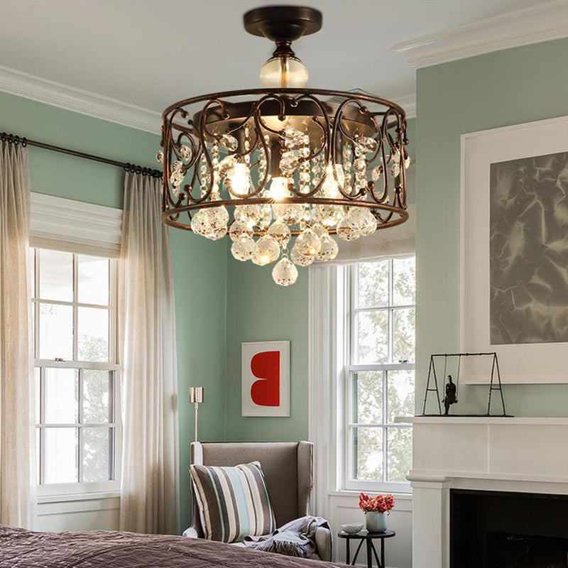Drum Metal Ceiling Light Fixture Industrial 3 Bulbs Antique Copper Semi Flush Mount Lighting with Dropped Crystal Ball