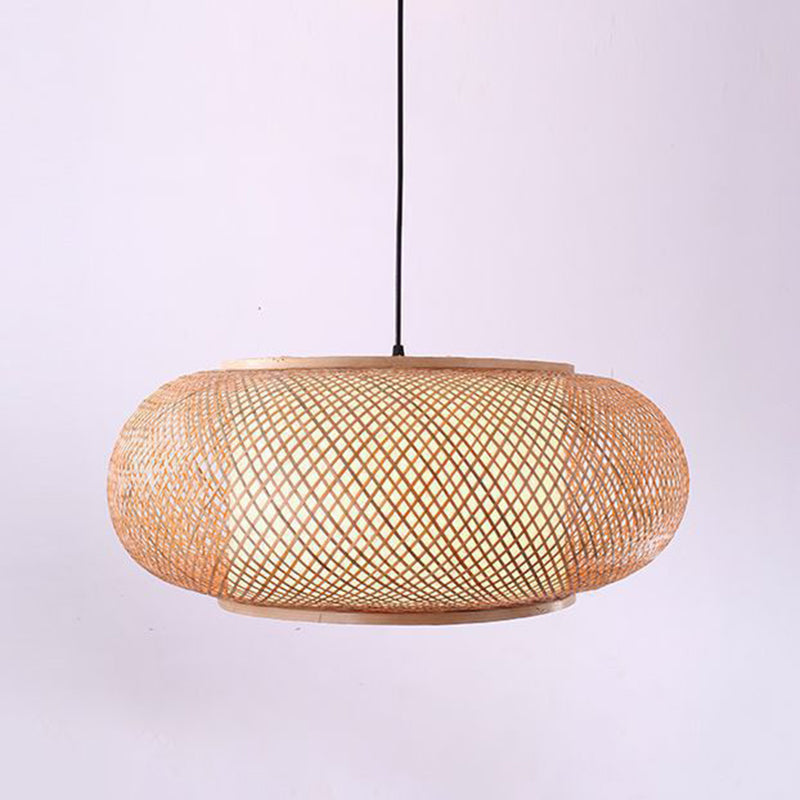 Chinese Round Lantern Ceiling Light Beige Bamboo 1 Light Restaurant Hanging Pendant Lighting