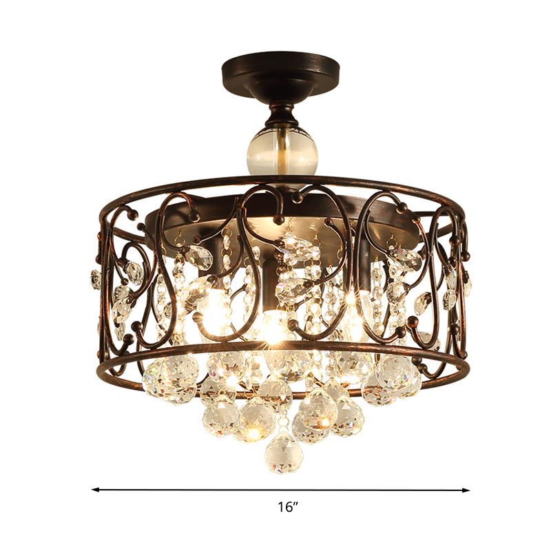 Drum Metal Ceiling Light Fixture Industrial 3 Bulbs Antique Copper Semi Flush Mount Lighting with Dropped Crystal Ball