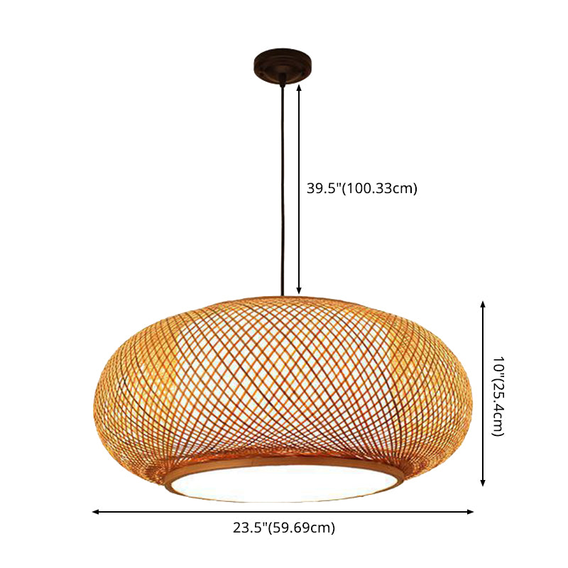 Chinese Round Lantern Ceiling Light Beige Bamboo 1 Light Restaurant Hanging Pendant Lighting
