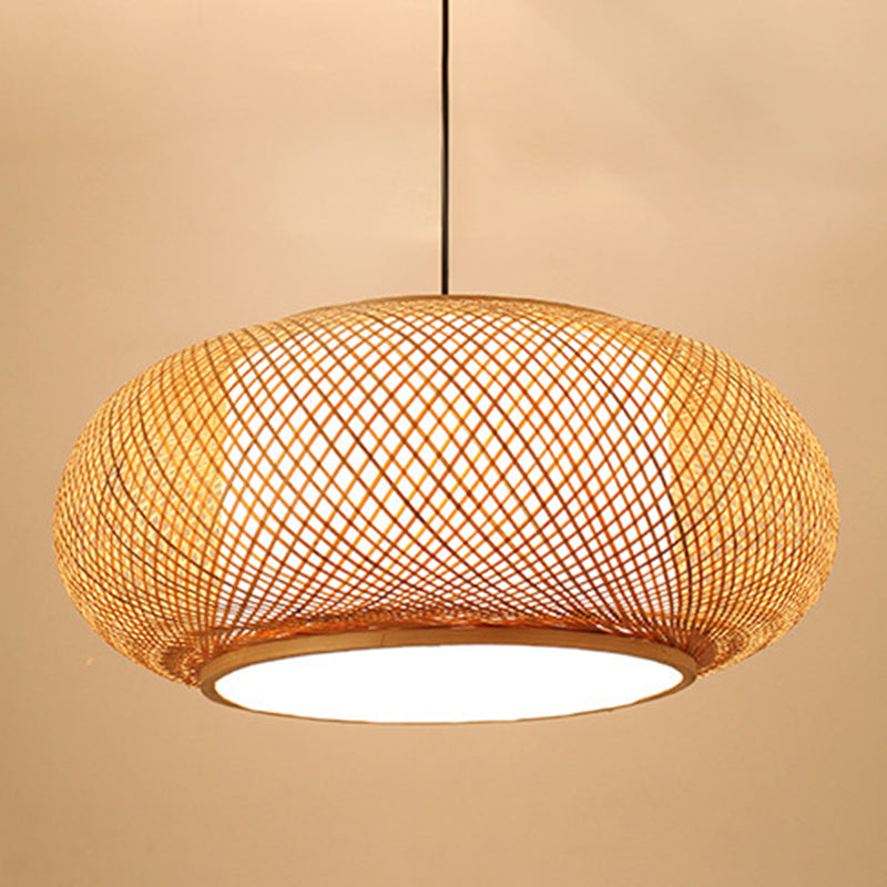 Chinese Round Lantern Ceiling Light Beige Bamboo 1 Light Restaurant Hanging Pendant Lighting