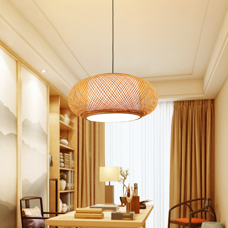 Chinese Round Lantern Ceiling Light Beige Bamboo 1 Light Restaurant Hanging Pendant Lighting