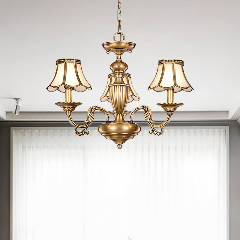 3/5 Heads Scalloped Chandelier Lamp Colonialist Brass Frosted Glass Suspended Lighting Fixture