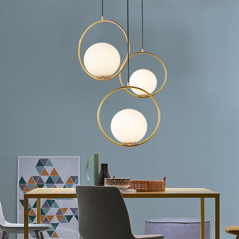 Gold 1 Light Round Metal Pendant Light Contemporary Opal Frosted Glass Shade Bedroom Hanging Lamp