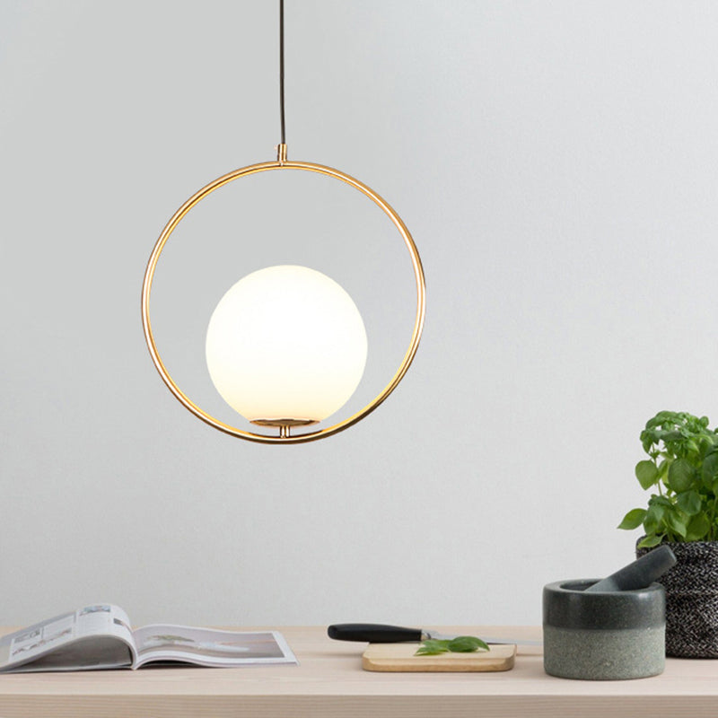 Gold 1 Light Round Metal Pendant Light Contemporary Opal Frosted Glass Shade Bedroom Hanging Lamp