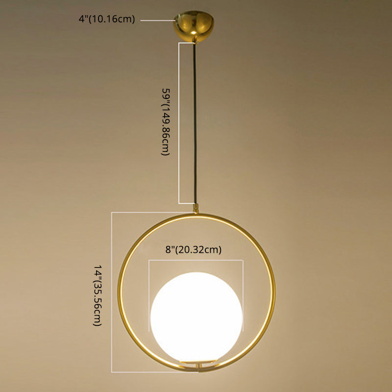 Gold 1 Light Round Metal Pendant Light Contemporary Opal Frosted Glass Shade Bedroom Hanging Lamp