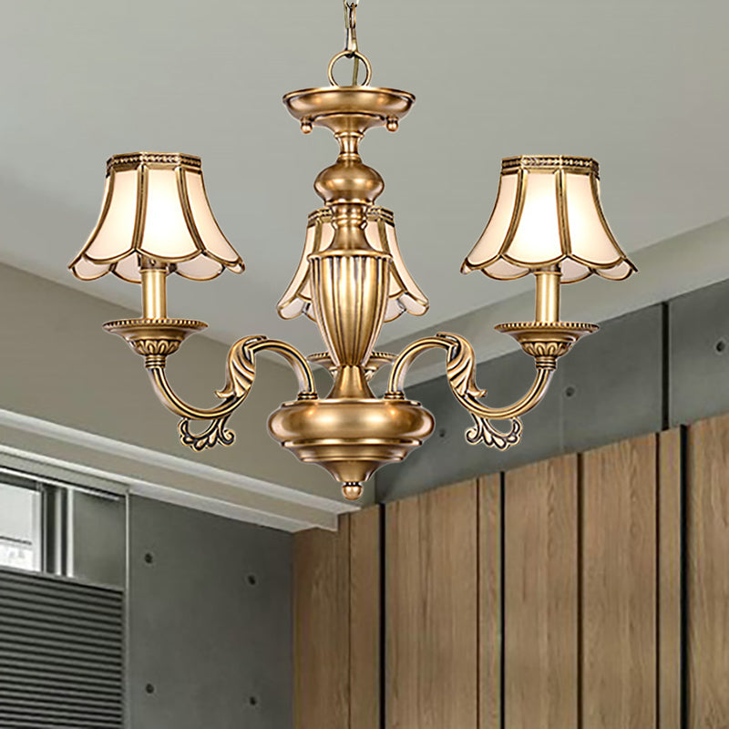 3/5 Heads Scalloped Chandelier Lamp Colonialist Brass Frosted Glass Suspended Lighting Fixture