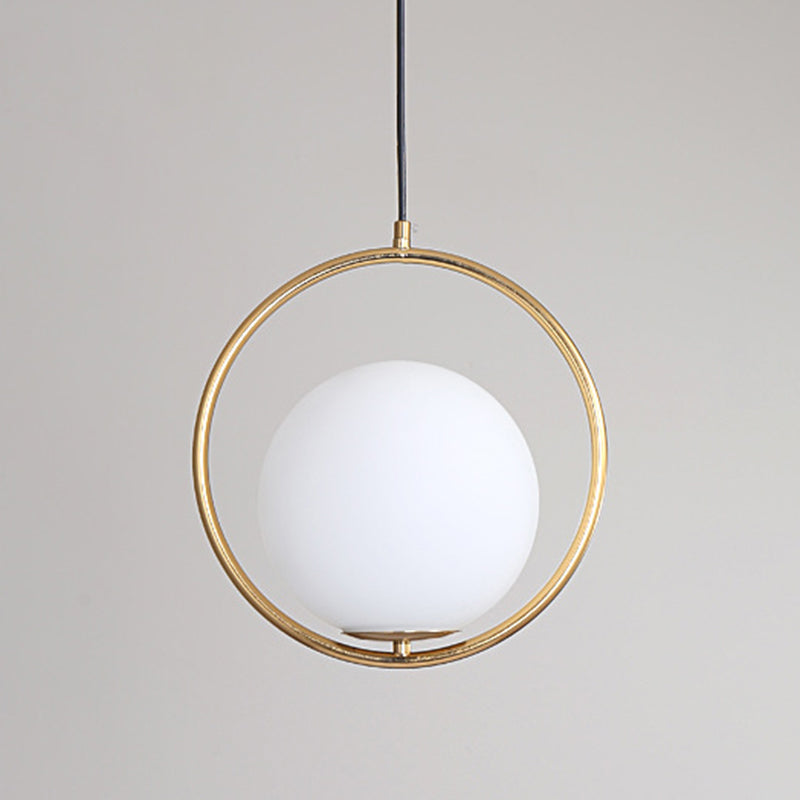 Gold 1 Light Round Metal Pendant Light Contemporary Opal Frosted Glass Shade Bedroom Hanging Lamp