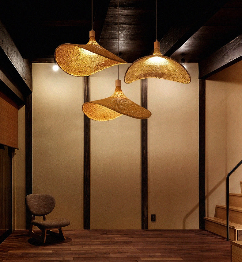Modern Straw Hat Hanging Light Fixtures Rattan 1 Light Pendant Light