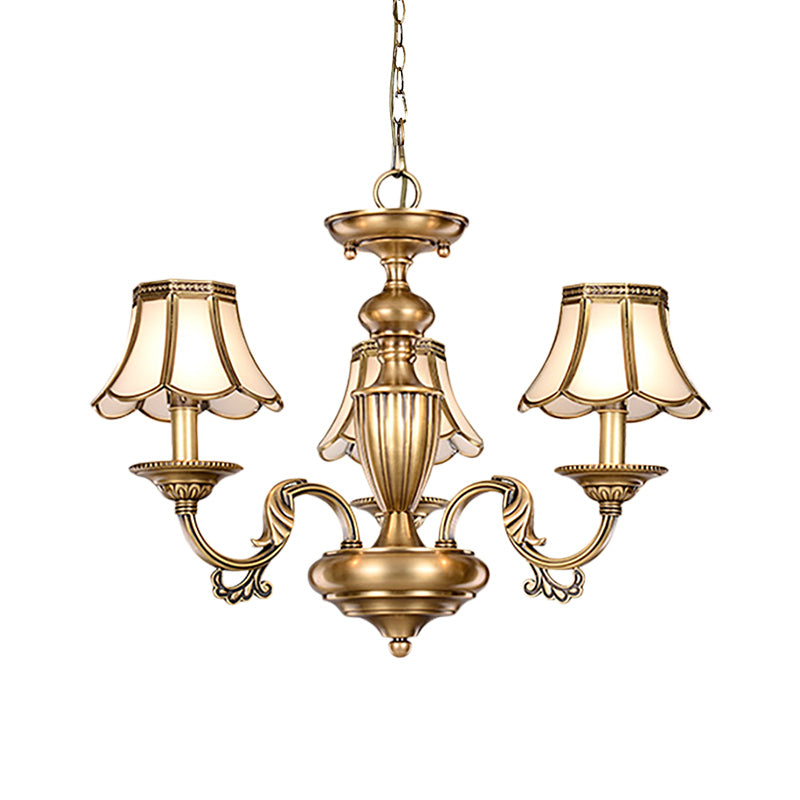 3/5 Heads Scalloped Chandelier Lamp Colonialist Brass Frosted Glass Suspended Lighting Fixture