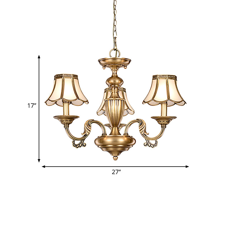 3/5 Heads Scalloped Chandelier Lamp Colonialist Brass Frosted Glass Suspended Lighting Fixture