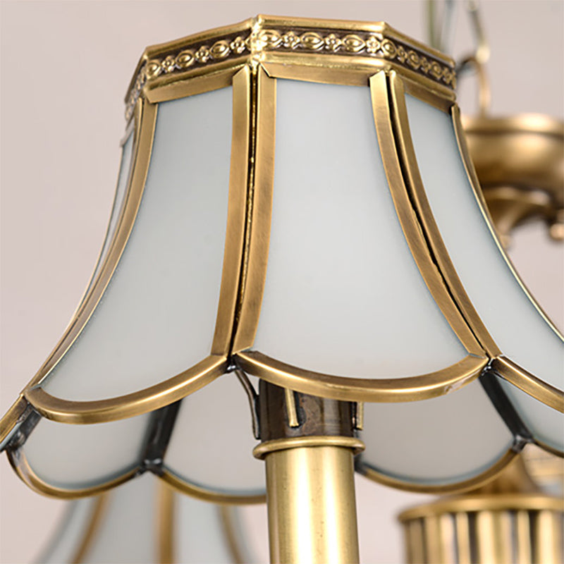 3/5 Heads Scalloped Chandelier Lamp Colonialist Brass Frosted Glass Suspended Lighting Fixture