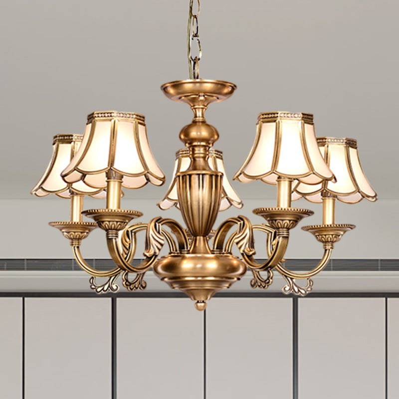 3/5 Heads Scalloped Chandelier Lamp Colonialist Brass Frosted Glass Suspended Lighting Fixture