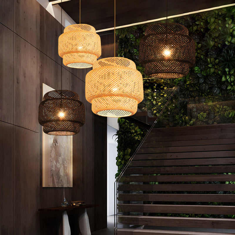 Lantern Bambus Rattan Form Anhänger Hängende Lampe Asien Stil 1 Licht hängende Deckenleuchte für Wohnzimmer