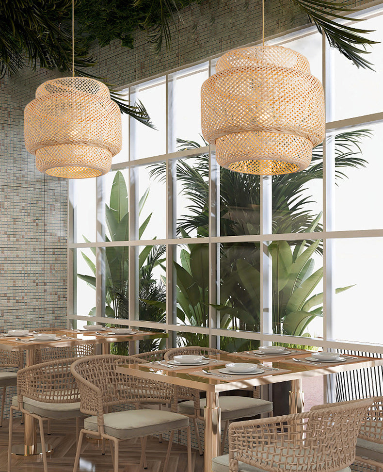 Lantern Bambus Rattan Form Anhänger Hängende Lampe Asien Stil 1 Licht hängende Deckenleuchte für Wohnzimmer