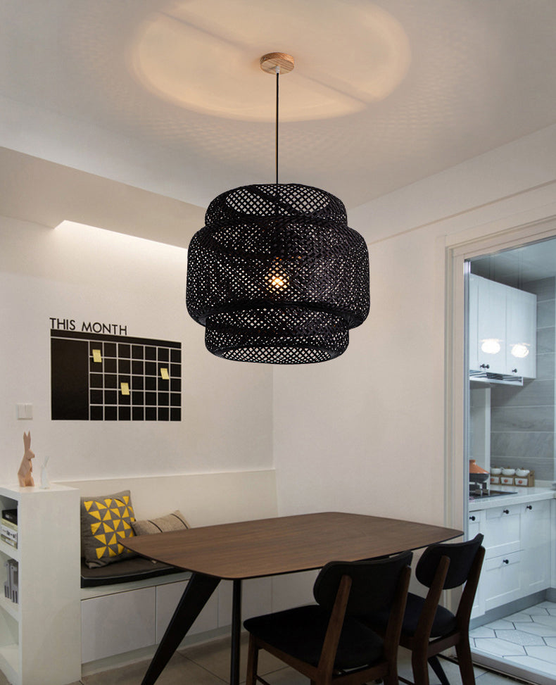 Lantern Bambus Rattan Form Anhänger Hängende Lampe Asien Stil 1 Licht hängende Deckenleuchte für Wohnzimmer