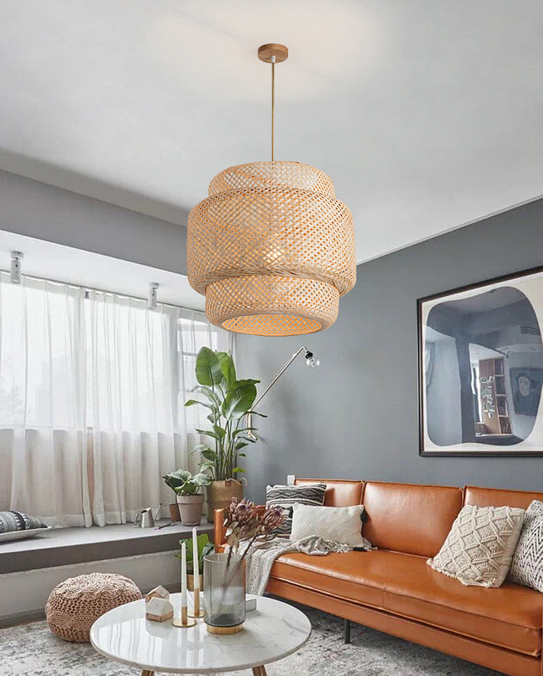 Lantern Bambus Rattan Form Anhänger Hängende Lampe Asien Stil 1 Licht hängende Deckenleuchte für Wohnzimmer