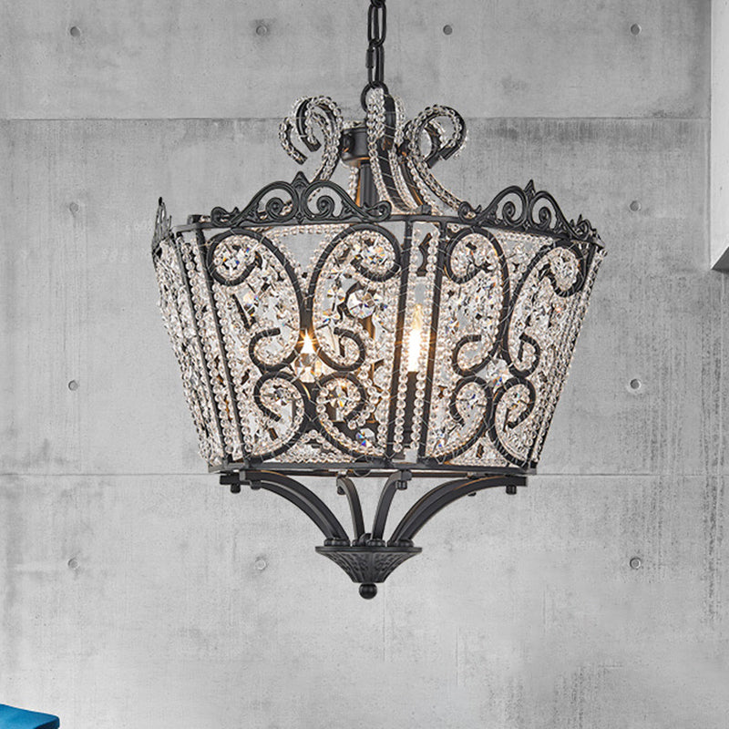 Beaded Chandelier Lamp Traditional K9 Crystal 4 Bulbs Living Room Hanging Light Fixture in Black/Gold