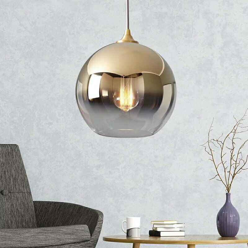 Gold 1 Light Pendant Light Mid-Century Modern Spherical Smoke Glass Living Room Hanging Lamp