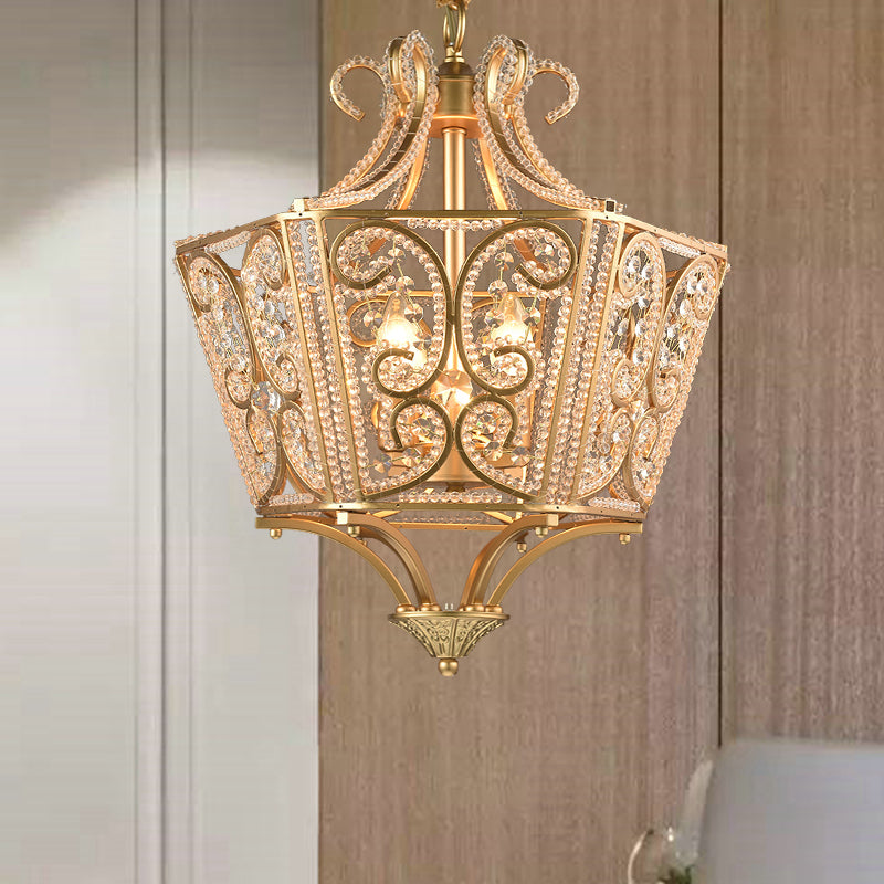 Beaded Chandelier Lamp Traditional K9 Crystal 4 Bulbs Living Room Hanging Light Fixture in Black/Gold