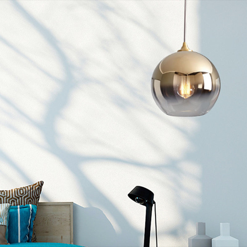 Gold 1 Light Pendant Light Mid-Century Modern Spherical Smoke Glass Living Room Hanging Lamp
