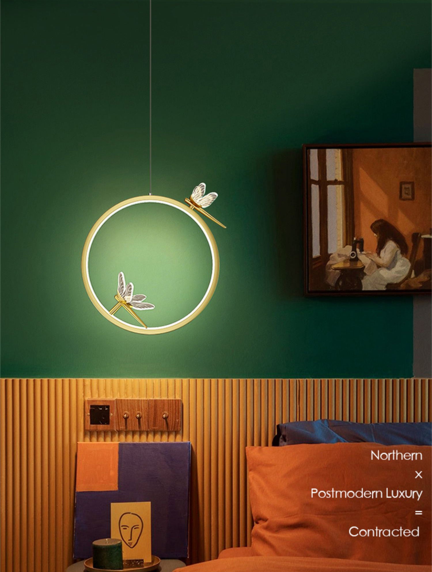 Anillo y libélula Led colgante artística simple acrílico lámpara colgante de la cama colgante
