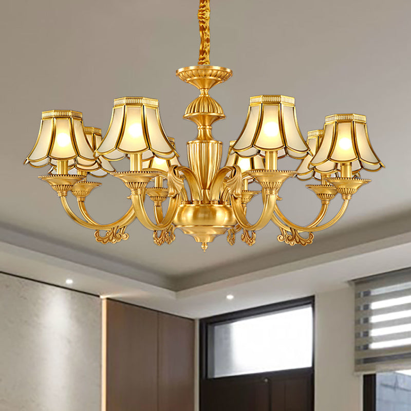 3/8 Lichter Suspensionsbeleuchtung kolonialgeflügelte gefrostete Glaskronleuchter -Anhängerlampe in Gold