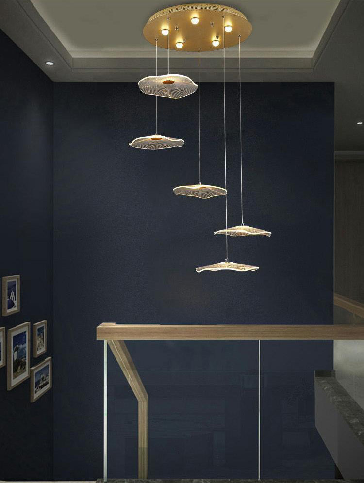 Minimalist Artistic Multi-Light Pendant Gold Lotus Leaf Hanging Light with Acrylic Shade