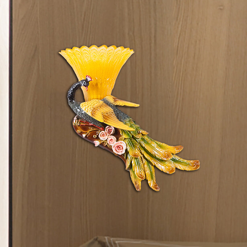 1 Light Scalloped Wall Mount Light Modern Style Yellow Glass Wall Lamp with Peacock Design for Bedroom, Left/Right