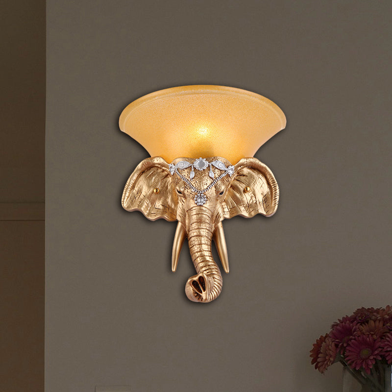 1 Bulb Resin Sconce Lamp Retro Style Golden Elephant Head Bedroom Wall Light with Flared Yellow Glass Shade
