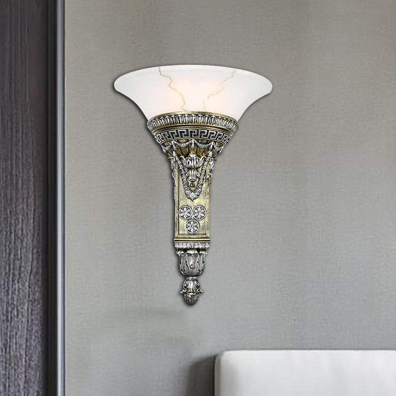 1 Light Wall Sconce Fixture with Flared White Glass Modern Style Living Room Wall Mount Light in Aged Silver