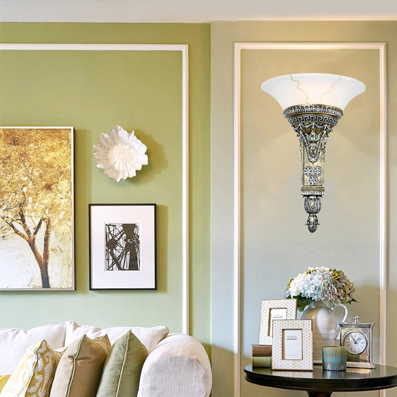 1 Light Wall Sconce Fixture with Flared White Glass Modern Style Living Room Wall Mount Light in Aged Silver