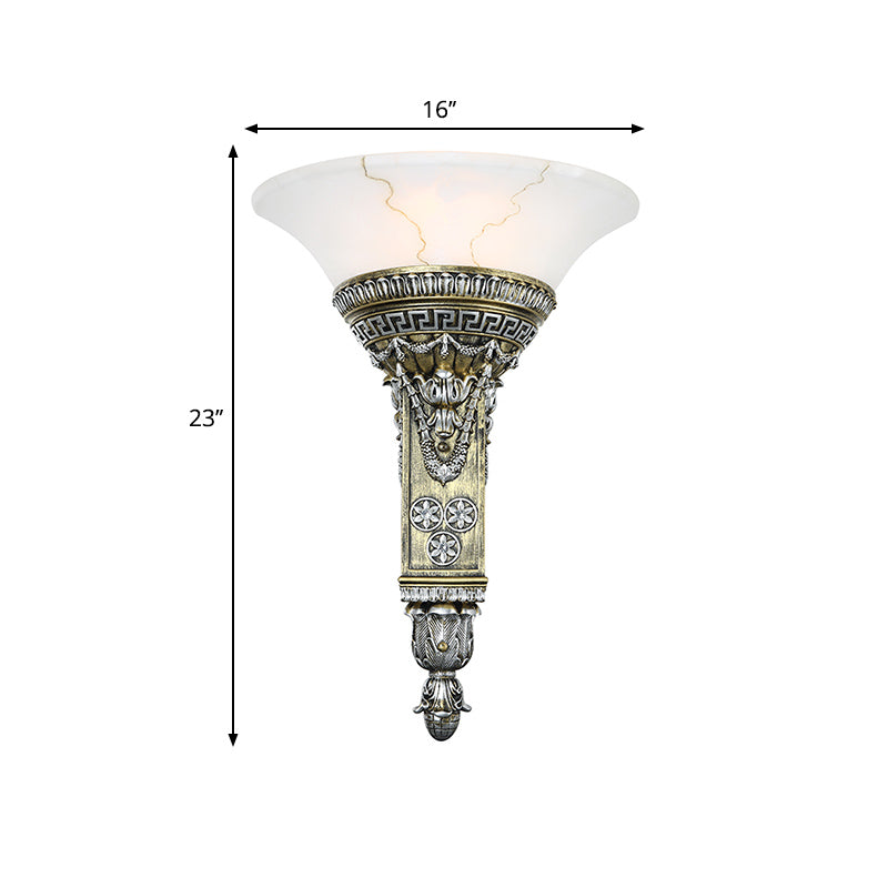 1 Light Wall Sconce Fixture with Flared White Glass Modern Style Living Room Wall Mount Light in Aged Silver