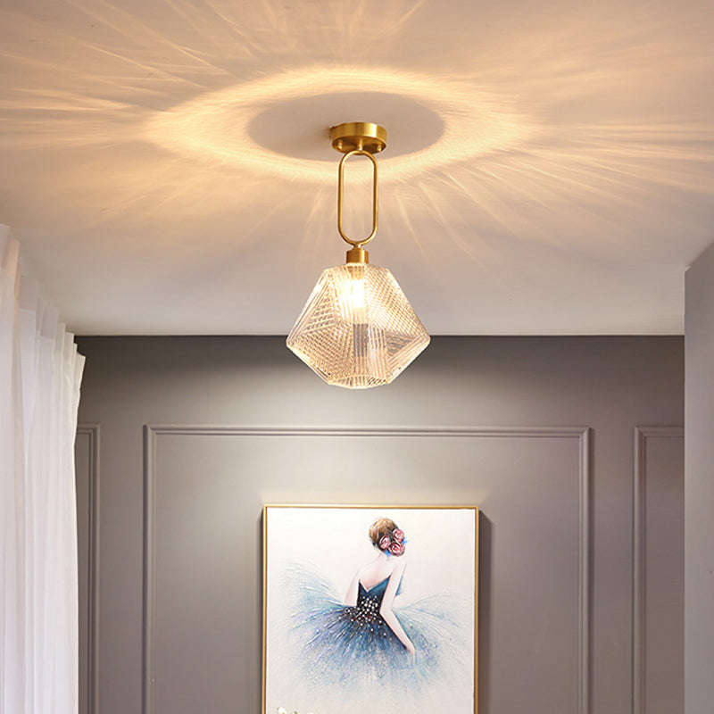 1 Bulb Hexagonal Semi-Flush Light Minimalist Clear Prismatic Glass Ceiling Lamp Kit