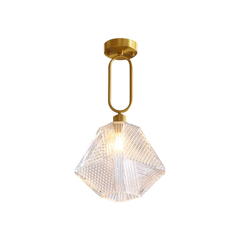 1 Bulb Hexagonal Semi Flush Light Minimalist Clear Prismatic Glass Ceiling Lamp Kit