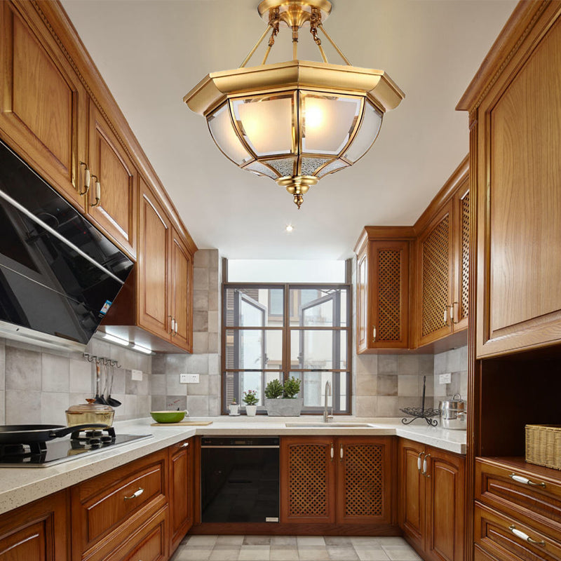 14"/18" W Tapered Bedroom Semi Mount Light Traditional Opal Glass 3/4 Bulbs Brass Finish Flush Ceiling Lamp