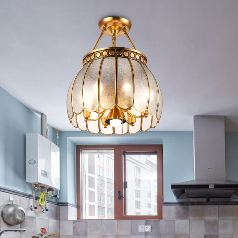Retro Style Sphere Semi Flush Light 1 Bulb Frosted Glass Brass Finish Ceiling Lamp with Pull Chain