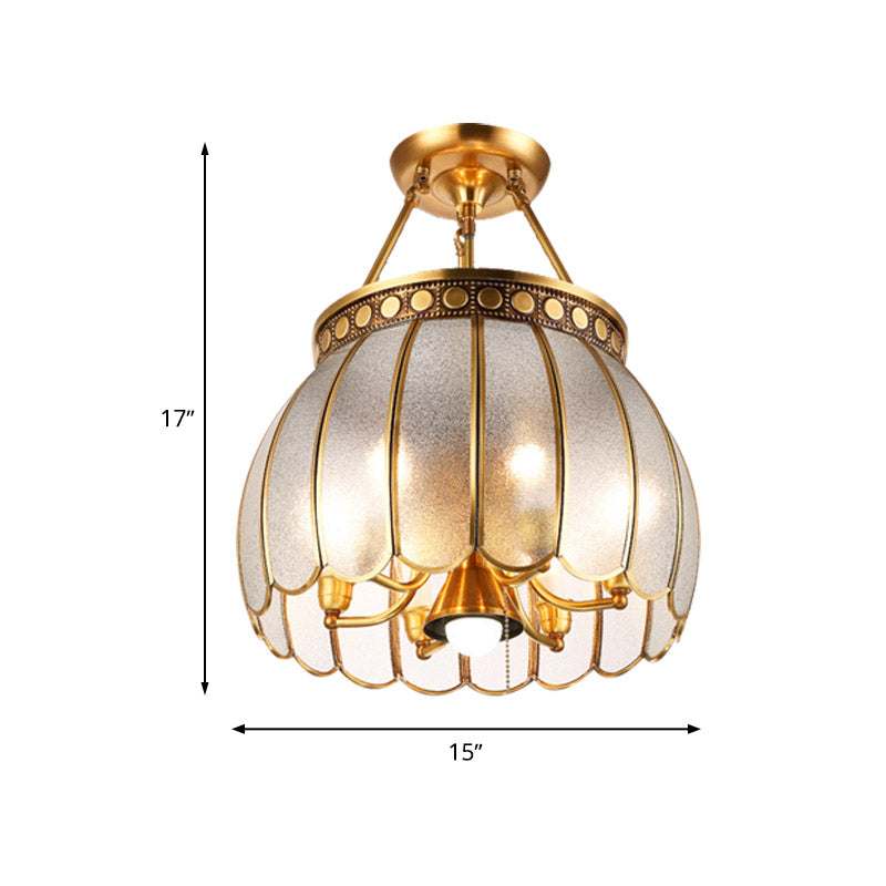 Retro Style Sphere Semi Flush Light 1 Bulb Frosted Glass Brass Finish Ceiling Lamp with Pull Chain