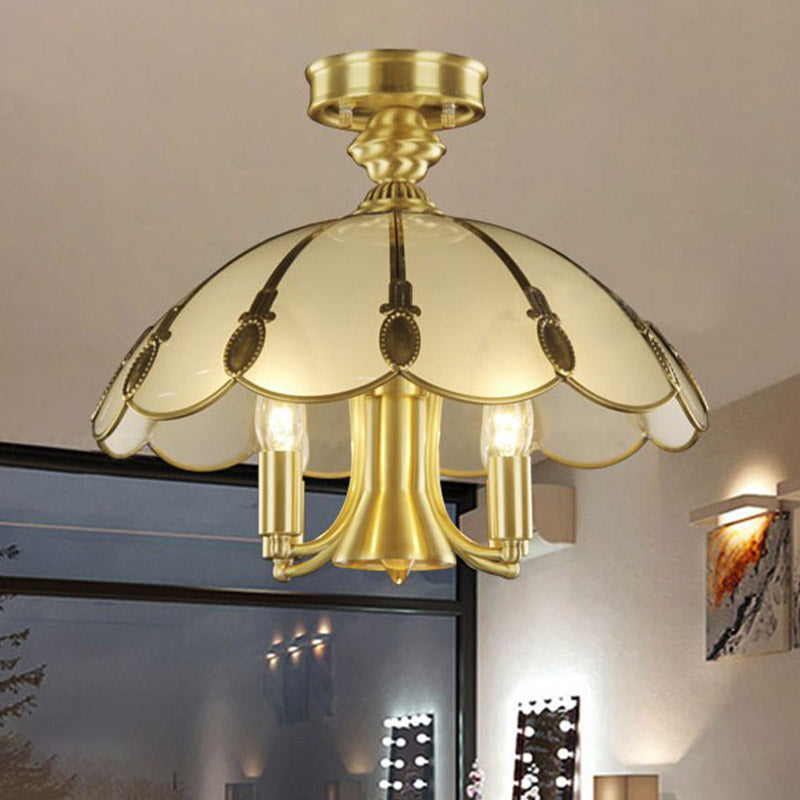 5 Bulbs Sheep/Oval Ceiling Light Fixture Vintage Brass Mouth Blown Opal Glass Semi Flush Mount Lighting for Bedroom