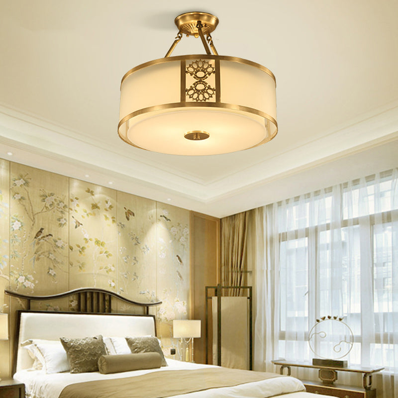 16 "/19.5" W latón 3/4 cabezas semi flush luz retro listón de techo de tambor de tambor de vidrio para sala de estar