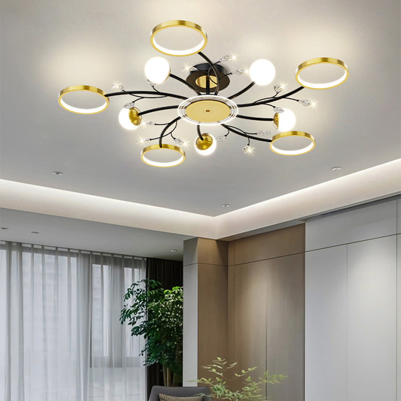 Mont semi-flush à LED de l'ombre acrylique dans la simplicité moderne de plafond Sputnik en métal en noir et or