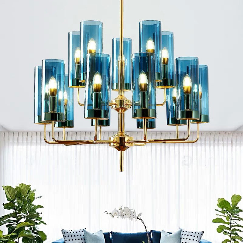 Post-Modern Metal Hanging Chandelier Light Cylindrical Glass Shade  Ceiling Chandelier in Gold for Living Room