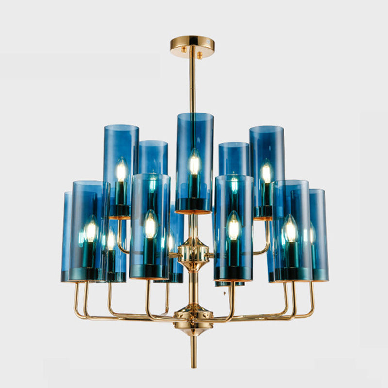 Post-Modern Metal Hanging Chandelier Light Cylindrical Glass Shade  Ceiling Chandelier in Gold for Living Room